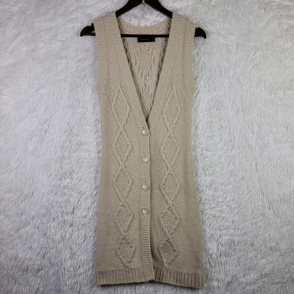 The Limited S Beige Longline Sleeveless Cardigan Wool Alpaca‎ Mohair Fuzzy Cable